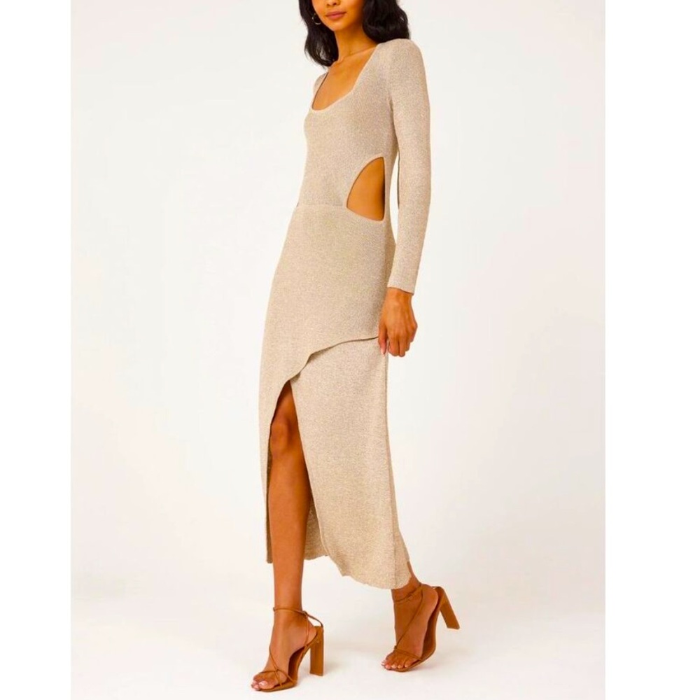 Misa Los Angeles Minka Gold Metallic Cutout Shimmer Asymmetrical Dress Sz S NWT